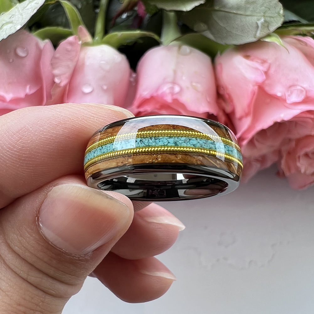 Musical Soul Ring - 8mm Gunmetal Tungsten Ring with Guitar Wood Inlay, Dual Guitar Strings & Turquoise - Men's Wedding Band