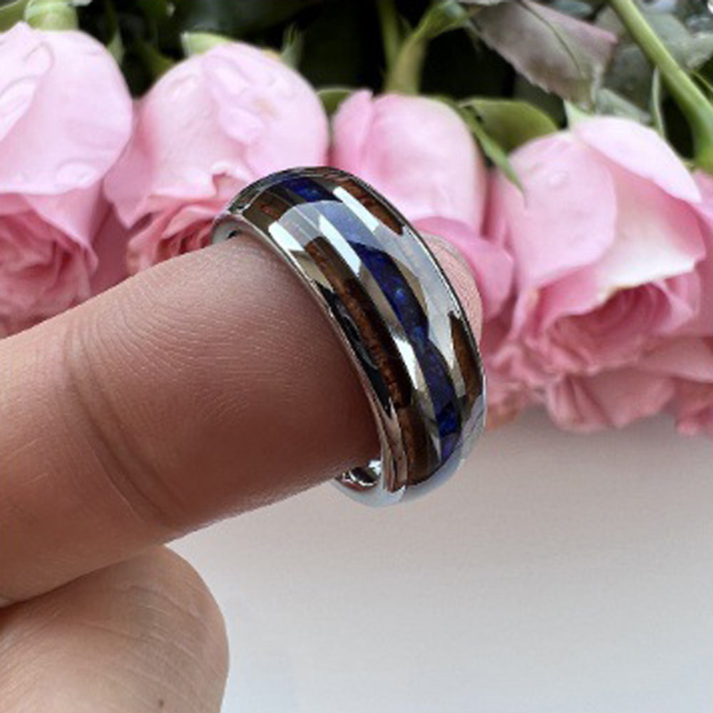 Heritage Architecture Ring - 8mm Platinum Tungsten Ring with Triple Grooves Inlay of Lapis Lazuli & Rosewood – Men's Wedding Band