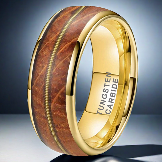 Musical Soul Ring - 8mm 18K Gold-Plated Reclaimed Guitar Wood and String Men's Wedding Band