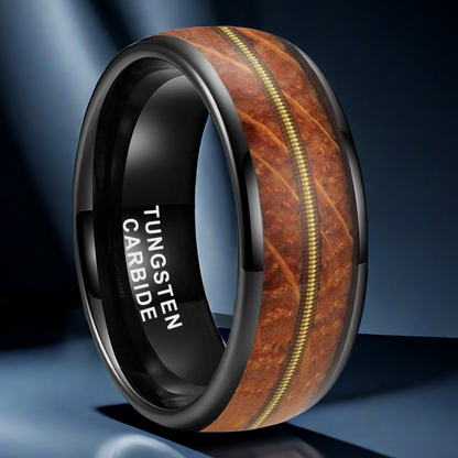 Musical Soul Ring - 8mm Black Tungsten Reclaimed Guitar Wood and String Men's Wedding Band