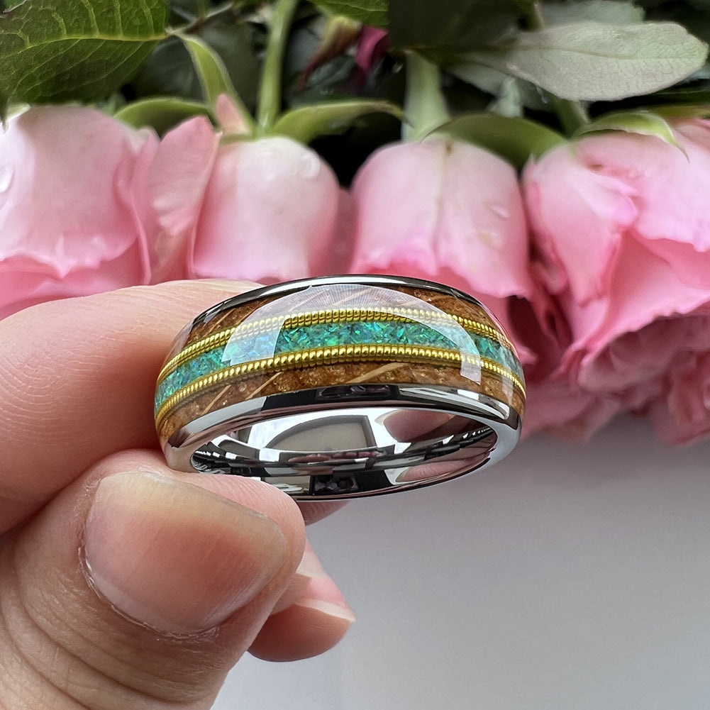 Musical Soul Ring - 8mm Platinum Tungsten Ring with Guitar Wood Inlay, Dual Strings & 3A Green Opal – Men's Wedding Band