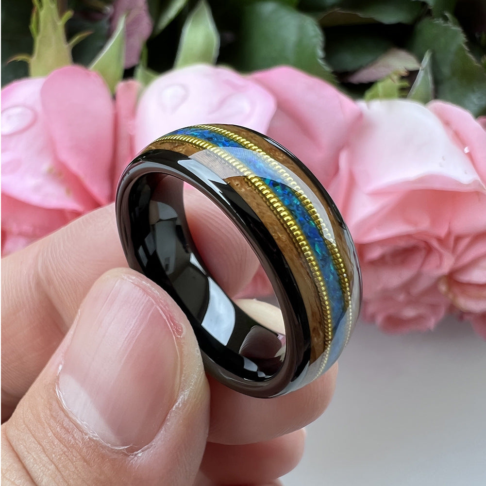 Musical Soul Ring - 8mm Black Tungsten Ring with Guitar Wood Inlay, Dual Strings & 3A Blue Opal – Men's Wedding Band