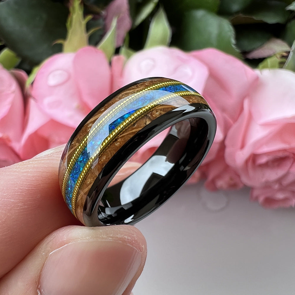 Musical Soul Ring - 8mm Black Tungsten Ring with Guitar Wood Inlay, Dual Strings & 3A Blue Opal – Men's Wedding Band