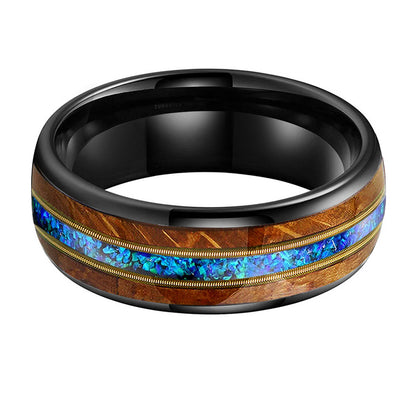 Musical Soul Ring - 8mm Black Tungsten Ring with Guitar Wood Inlay, Dual Strings & 3A Blue Opal – Men's Wedding Band