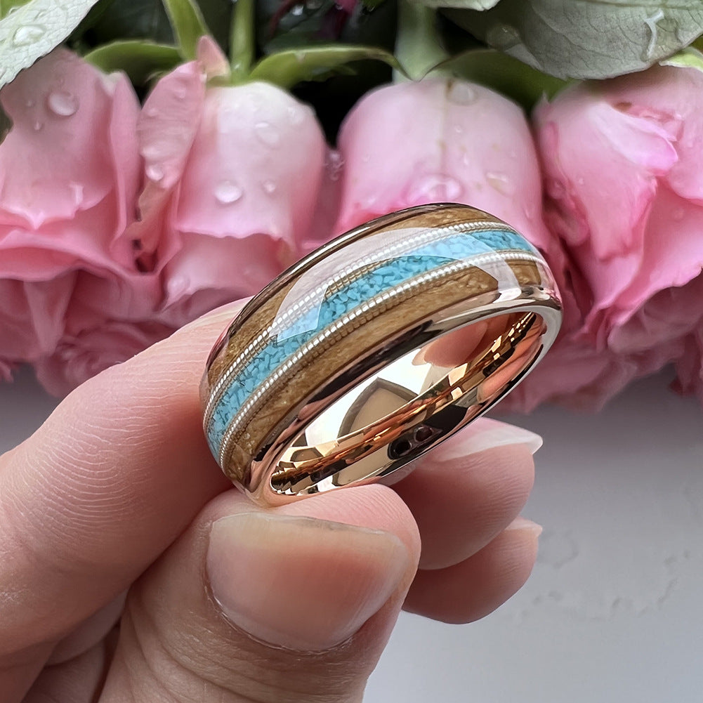 Musical Soul Ring - 8mm Rose Gold Tungsten Ring with Guitar Wood Inlay, Dual Guitar Strings & Turquoise - Men's Wedding Band