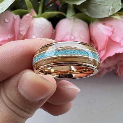 Musical Soul Ring - 8mm Rose Gold Tungsten Ring with Guitar Wood Inlay, Dual Guitar Strings & Turquoise - Men's Wedding Band