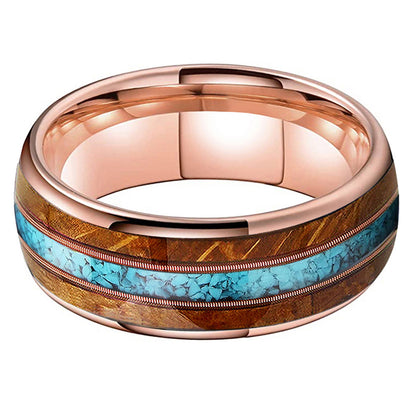 Musical Soul Ring - 8mm Rose Gold Tungsten Ring with Guitar Wood Inlay, Dual Guitar Strings & Turquoise - Men's Wedding Band