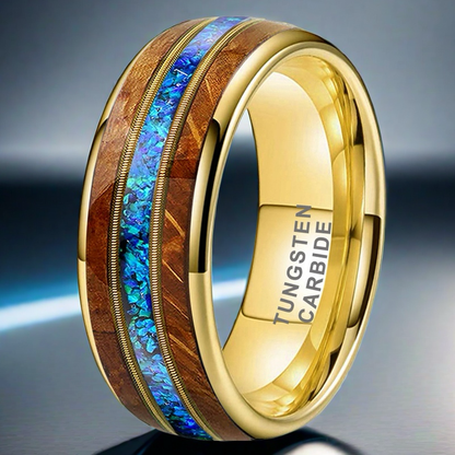 Musical Soul Ring - 8mm 18K Gold-Plated Tungsten Ring with Guitar Wood Inlay, Dual Strings & 3A Blue Opal – Men's Wedding Band