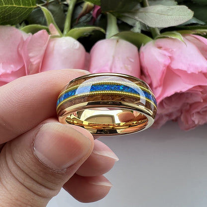 Musical Soul Ring - 8mm 18K Gold-Plated Tungsten Ring with Guitar Wood Inlay, Dual Strings & 3A Blue Opal – Men's Wedding Band