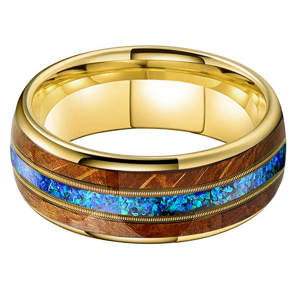 Musical Soul Ring - 8mm 18K Gold-Plated Tungsten Ring with Guitar Wood Inlay, Dual Strings & 3A Blue Opal – Men's Wedding Band