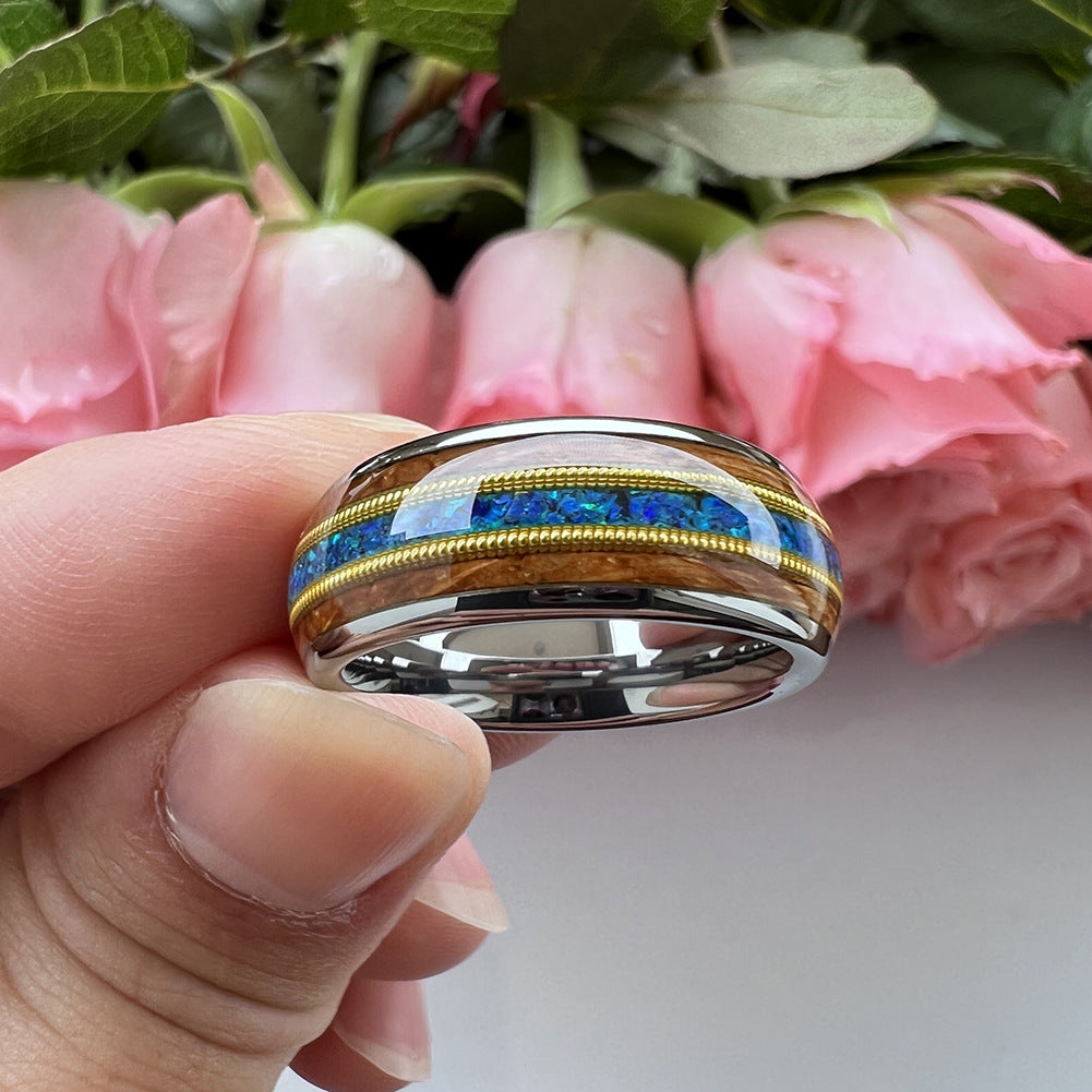 Musical Soul Ring - 8mm Platinum-Plated Tungsten Ring with Guitar Wood Inlay, Dual Strings & 3A Blue Opal – Men's Wedding Band