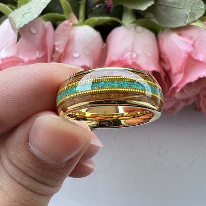 Musical Soul Ring - 8mm Tungsten Gold-Plated Men's Ring with Guitar Wood Inlay, Dual Guitar Strings & 3A Green Opal