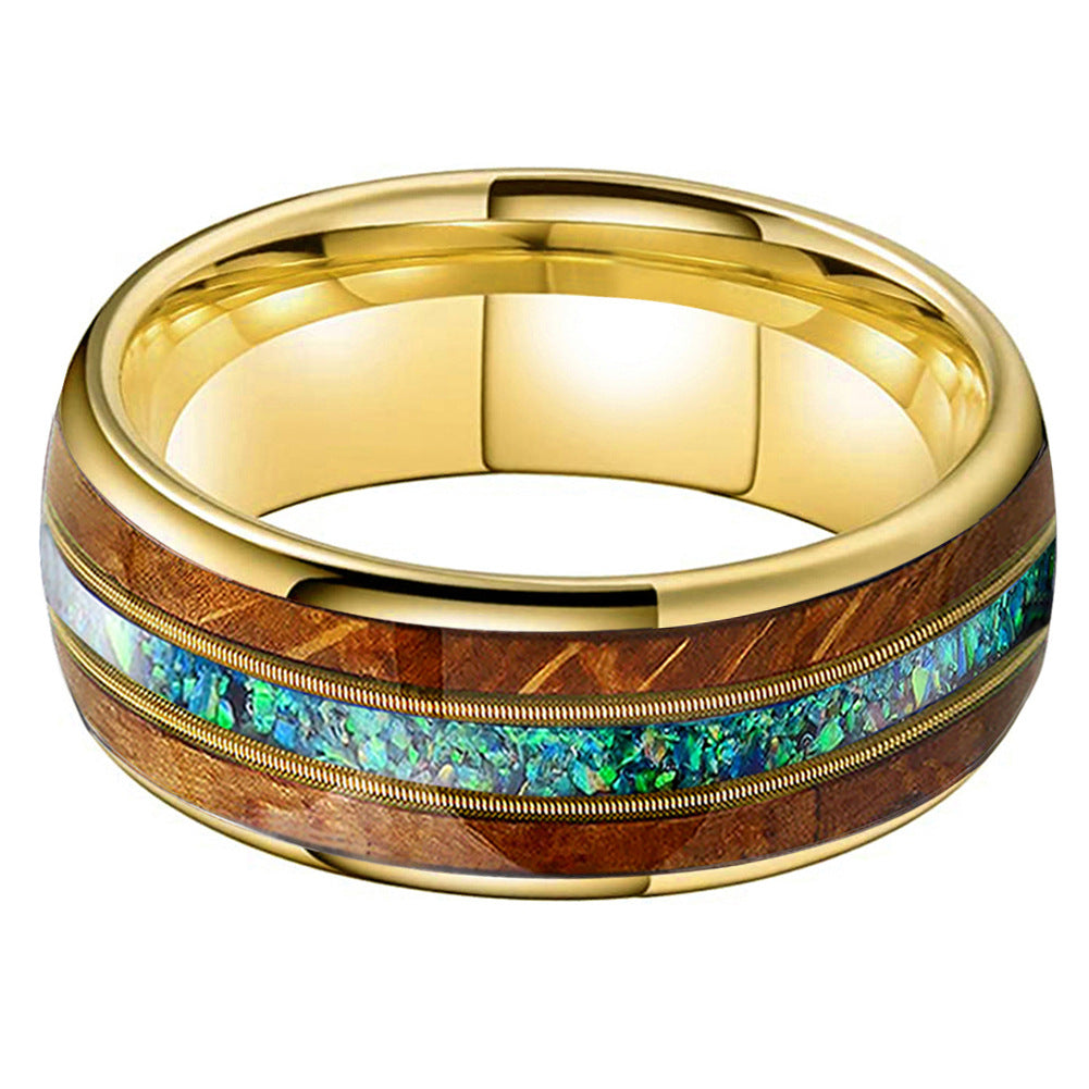 Musical Soul Ring - 8mm Tungsten Gold-Plated Men's Ring with Guitar Wood Inlay, Dual Guitar Strings & 3A Green Opal