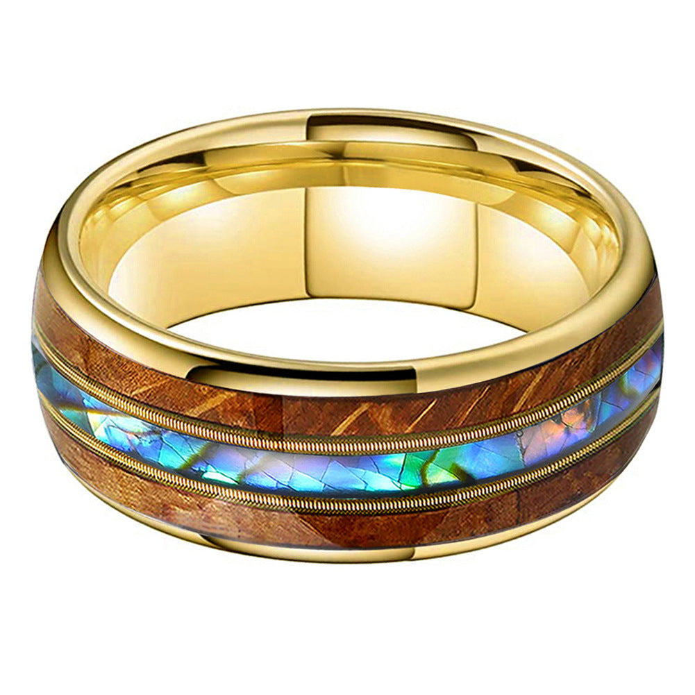 Musical Soul Ring - 8mm 18K Gold-Plated Tungsten Ring with Guitar Wood Inlay, Dual Strings & Shell – Men's Wedding Band