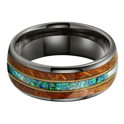 Musical Soul Ring - 8mm Gunmetal Tungsten Ring with Guitar Wood Inlay, Dual Strings & 3A Green Opal – Men's Wedding Band