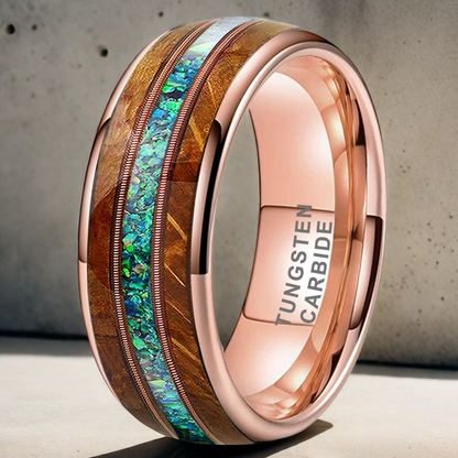 Musical Soul Ring - 8mm Rose Gold Tungsten Ring with Guitar Wood Inlay, Dual Strings & 3A Green Opal – Men's Wedding Band