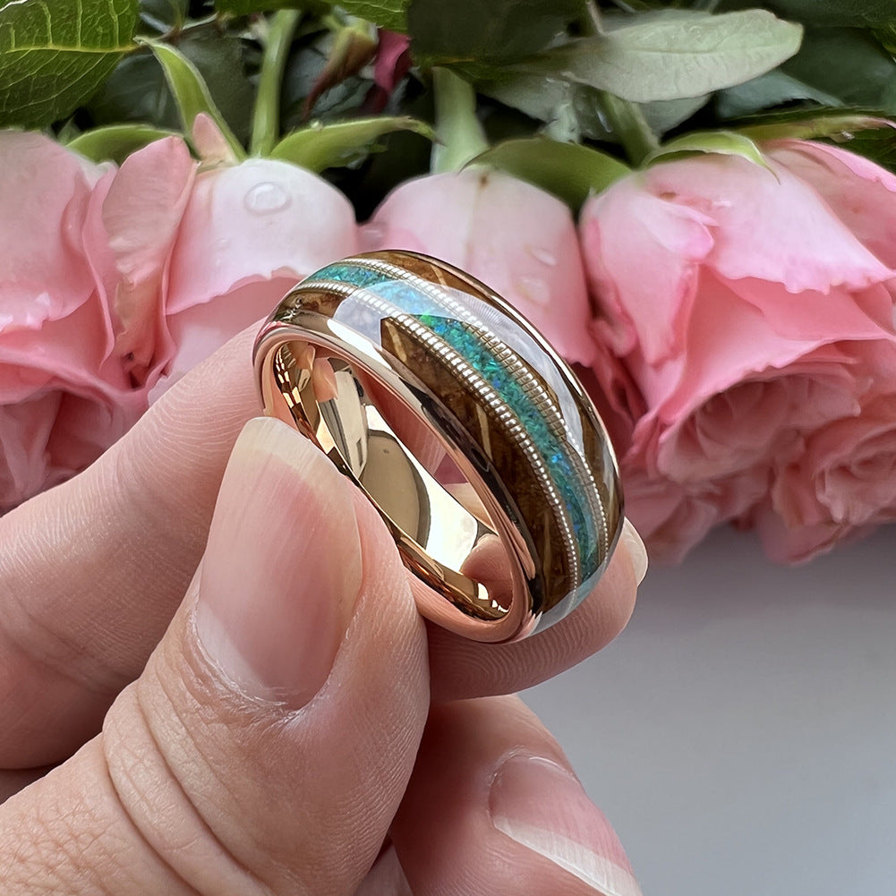 Musical Soul Ring - 8mm Rose Gold Tungsten Ring with Guitar Wood Inlay, Dual Strings & 3A Green Opal – Men's Wedding Band