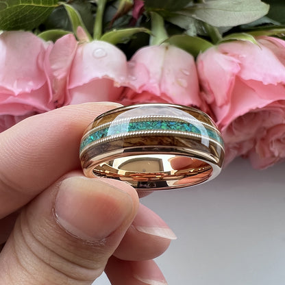 Musical Soul Ring - 8mm Rose Gold Tungsten Ring with Guitar Wood Inlay, Dual Strings & 3A Green Opal – Men's Wedding Band