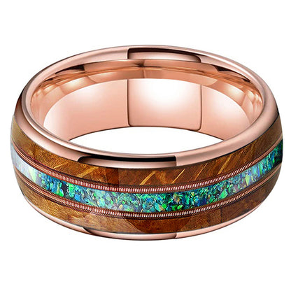 Musical Soul Ring - 8mm Rose Gold Tungsten Ring with Guitar Wood Inlay, Dual Strings & 3A Green Opal – Men's Wedding Band