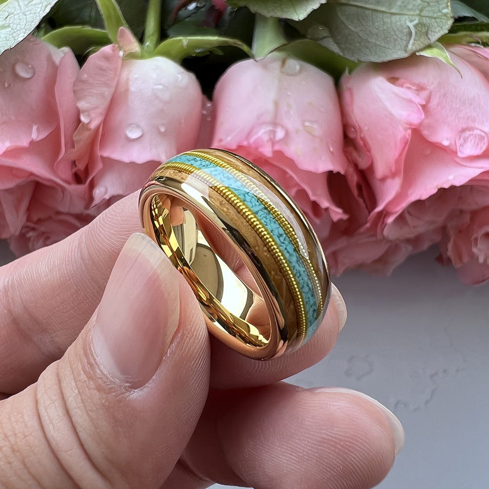 Musical Soul Ring - 8mm 18K Gold-Plated Tungsten Ring with Guitar Wood Inlay, Dual Guitar Strings & Turquoise - Men's Wedding Band