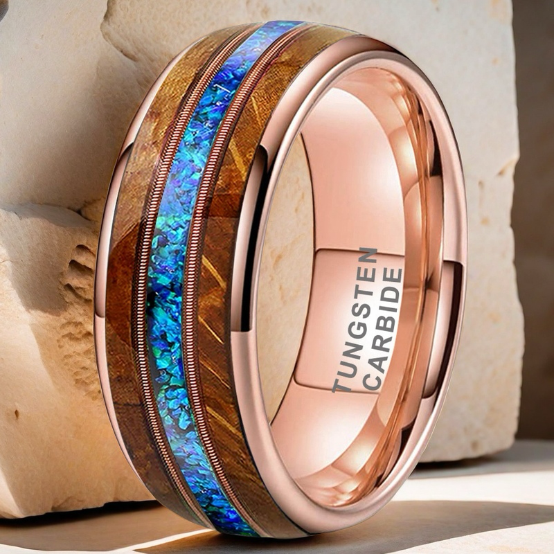 Musical Soul Ring - 8mm Rose Gold Tungsten Ring with Guitar Wood Inlay, Dual Strings & 3A Blue Opal – Men's Wedding Band