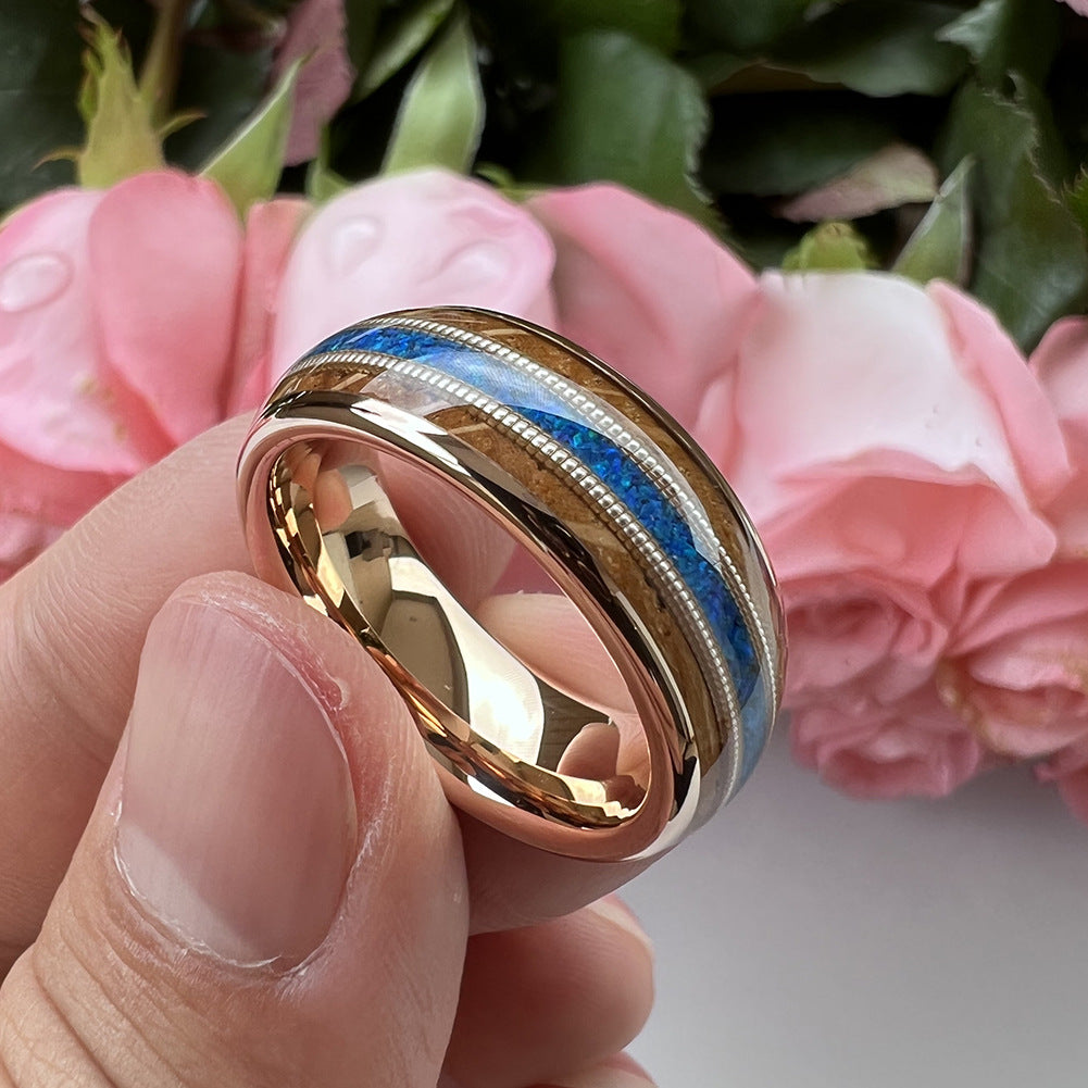 Musical Soul Ring - 8mm Rose Gold Tungsten Ring with Guitar Wood Inlay, Dual Strings & 3A Blue Opal – Men's Wedding Band