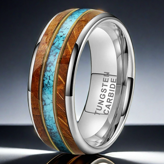 Musical Soul Ring - 8mm White Gold-Plated Tungsten Ring with Guitar Wood Inlay, Dual Guitar Strings & Turquoise - Men's Wedding Band