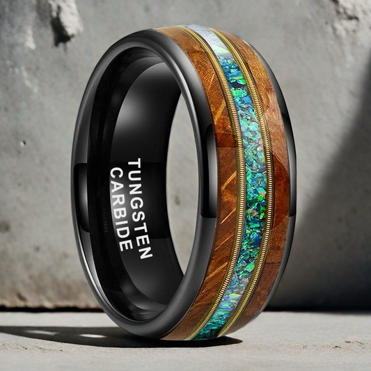 Musical Soul Ring - 8mm Black Tungsten Ring with Guitar Wood Inlay & Dual Guitar Strings - Men's Ring with 3A Green Australian Opal