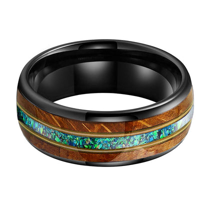 Musical Soul Ring - 8mm Black Tungsten Ring with Guitar Wood Inlay & Dual Guitar Strings - Men's Ring with 3A Green Australian Opal