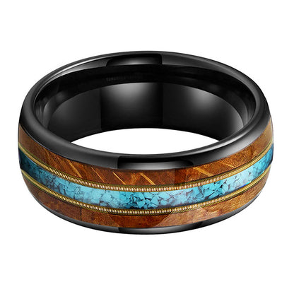 Musical Soul Ring - 8mm Black Tungsten Ring with Guitar Wood Inlay, Dual Guitar Strings & Turquoise - Men's Wedding Band