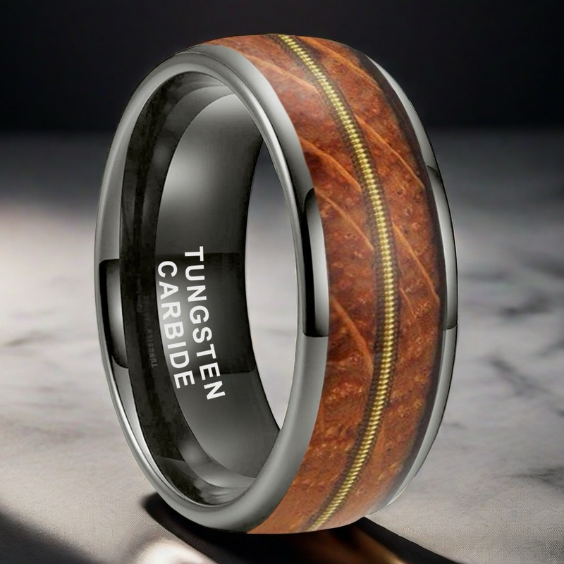 Musical Soul Ring - 8mm Gunmetal Tungsten Ring Reclaimed Guitar Wood and String Men's Wedding Band