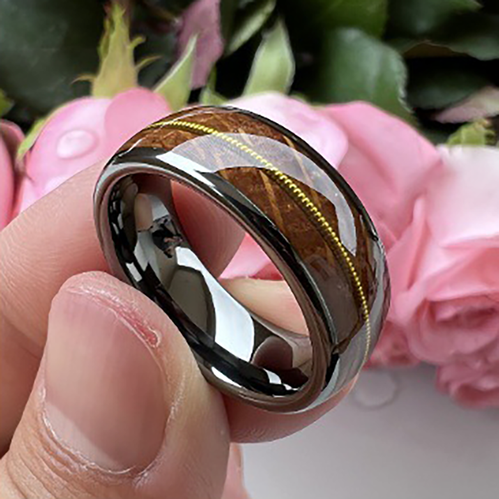 Musical Soul Ring - 8mm Gunmetal Tungsten Ring Reclaimed Guitar Wood and String Men's Wedding Band