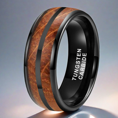 Whiskey Enchantment Ring - 8mm Black Tungsten Ring with Dual Whiskey Barrel Wood Inlay – Men's Wedding Band