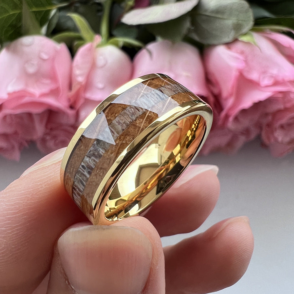 Whiskey Enchantment Ring - 8mm 18K Gold-Plated Tungsten Men's Ring with Whiskey Barrel Wood & Antler Inlay – Unique Wedding Band