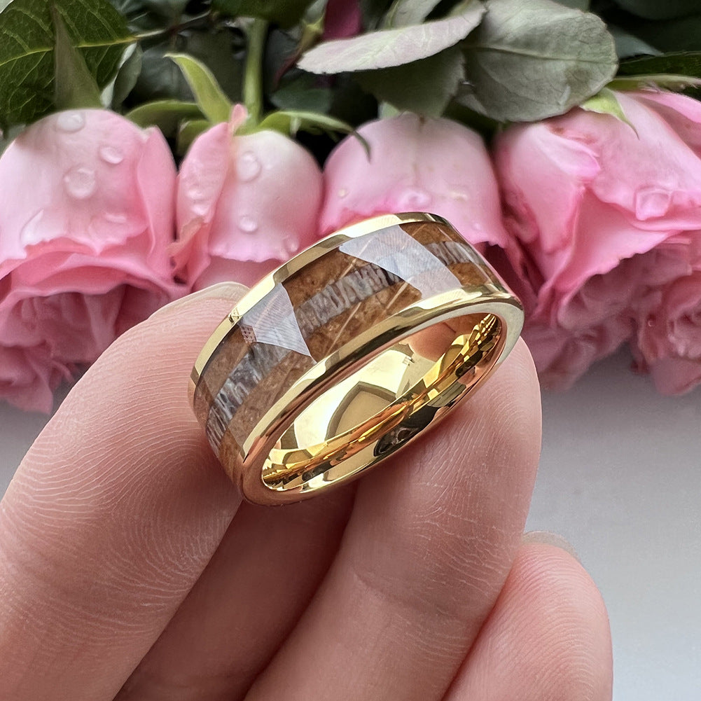 Whiskey Enchantment Ring - 8mm 18K Gold-Plated Tungsten Men's Ring with Whiskey Barrel Wood & Antler Inlay – Unique Wedding Band