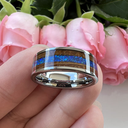 Whiskey Enchantment Ring - 8mm Platinum-Plated Tungsten Men's Ring with Whiskey Barrel Wood Inlay & 3A Blue Opal – Unique Wedding Band