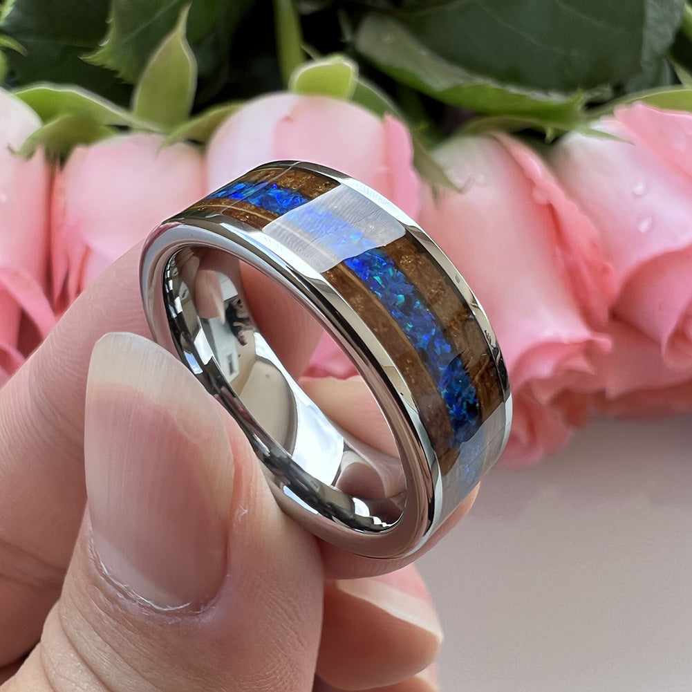 Whiskey Enchantment Ring - 8mm Platinum-Plated Tungsten Men's Ring with Whiskey Barrel Wood Inlay & 3A Blue Opal – Unique Wedding Band