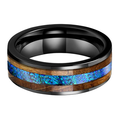 Whiskey Enchantment Ring - 8mm Black Tungsten Men's Ring with Whiskey Barrel Wood Inlay & 3A Blue Opal – Unique Wedding Band