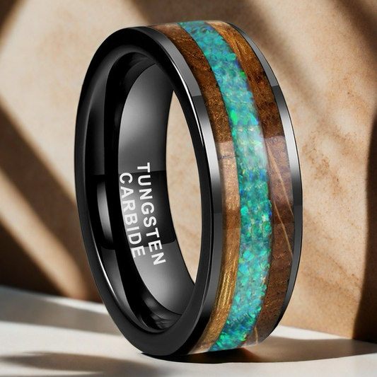 Whiskey Enchantment Ring - 8mm Black Tungsten Men's Ring with Whiskey Barrel Wood Inlay & 3A Green Opal – Unique Wedding Band