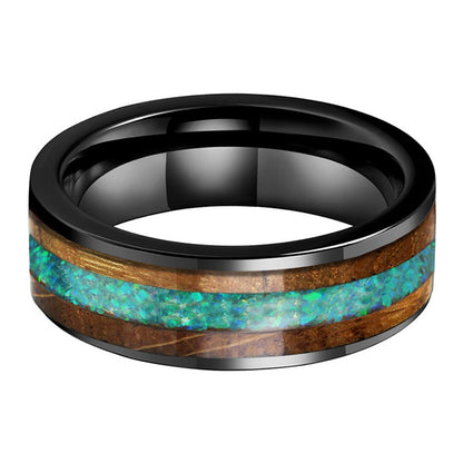 Whiskey Enchantment Ring - 8mm Black Tungsten Men's Ring with Whiskey Barrel Wood Inlay & 3A Green Opal – Unique Wedding Band