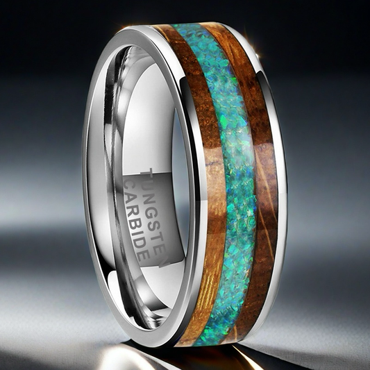 Whiskey Enchantment Ring - 8mm Platinum-Plated Tungsten Men's Ring with Whiskey Barrel Wood Inlay & 3A Green Opal – Unique Wedding Band