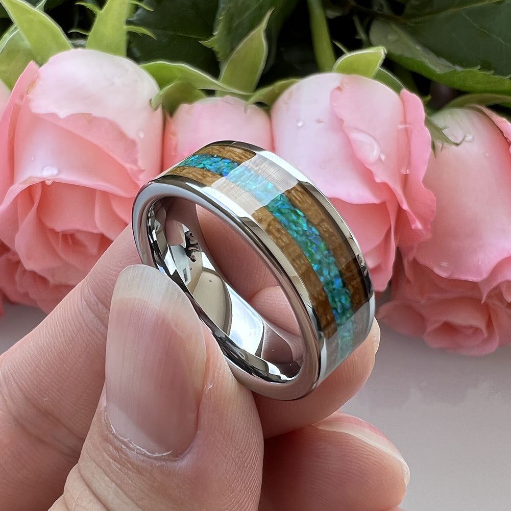 Whiskey Enchantment Ring - 8mm Platinum-Plated Tungsten Men's Ring with Whiskey Barrel Wood Inlay & 3A Green Opal – Unique Wedding Band