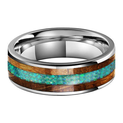 Whiskey Enchantment Ring - 8mm Platinum-Plated Tungsten Men's Ring with Whiskey Barrel Wood Inlay & 3A Green Opal – Unique Wedding Band