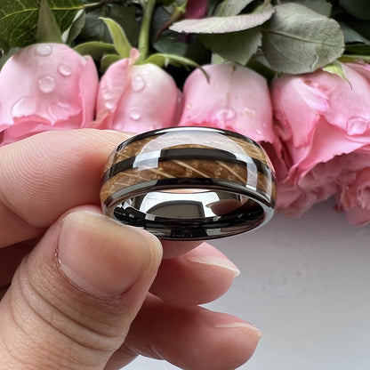 Whiskey Enchantment Ring - 8mm Gunmetal Tungsten Men's Ring with Dual Groove Whiskey Barrel Wood Inlay