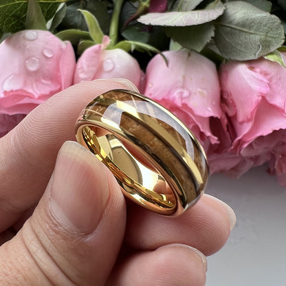 Whiskey Enchantment Ring - 8mm Tungsten Gold-Plated Men's Ring with Dual Whiskey Barrel Wood Inlay – Unique Wedding Band