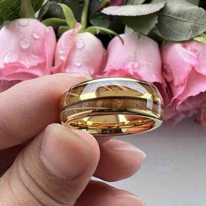 Whiskey Enchantment Ring - 8mm Tungsten Gold-Plated Men's Ring with Dual Whiskey Barrel Wood Inlay – Unique Wedding Band