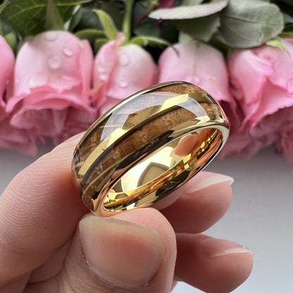 Whiskey Enchantment Ring - 8mm Tungsten Gold-Plated Men's Ring with Dual Whiskey Barrel Wood Inlay – Unique Wedding Band