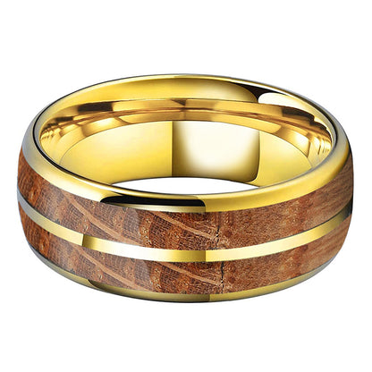 Whiskey Enchantment Ring - 8mm Tungsten Gold-Plated Men's Ring with Dual Whiskey Barrel Wood Inlay – Unique Wedding Band