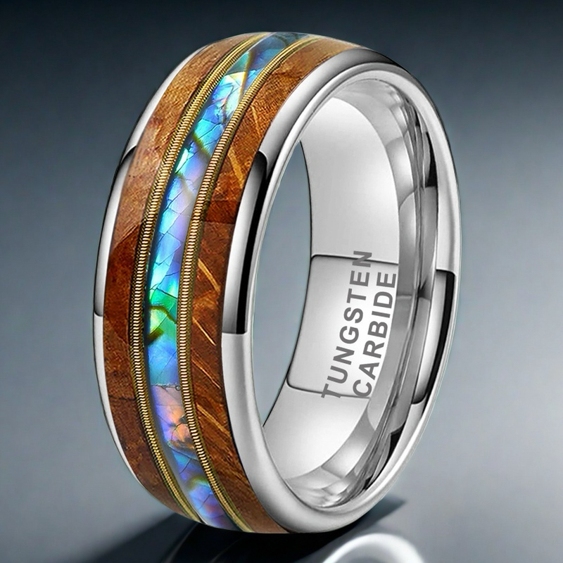 Musical Soul Ring - 8mm Platinum-Plated Tungsten Ring with Guitar Wood Inlay, Dual Strings & Shell Inlay – Men's Wedding Band