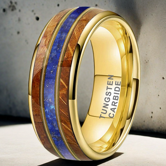 Musical Soul Ring - 8mm 18K Gold Tungsten Ring with Guitar Wood Inlay, Dual Strings & Lapis Lazuli – Men's Wedding Band